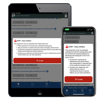 Tablet and phone displaying 2iB Capture inspection software form builder alerts.