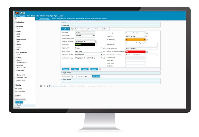 desktop computer displaying 2ib injury management screen