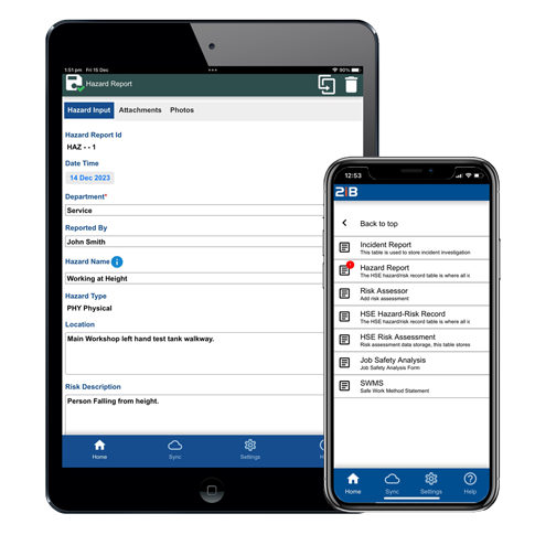 Tablet and phone displaying 2ib software hazard identification input screen.