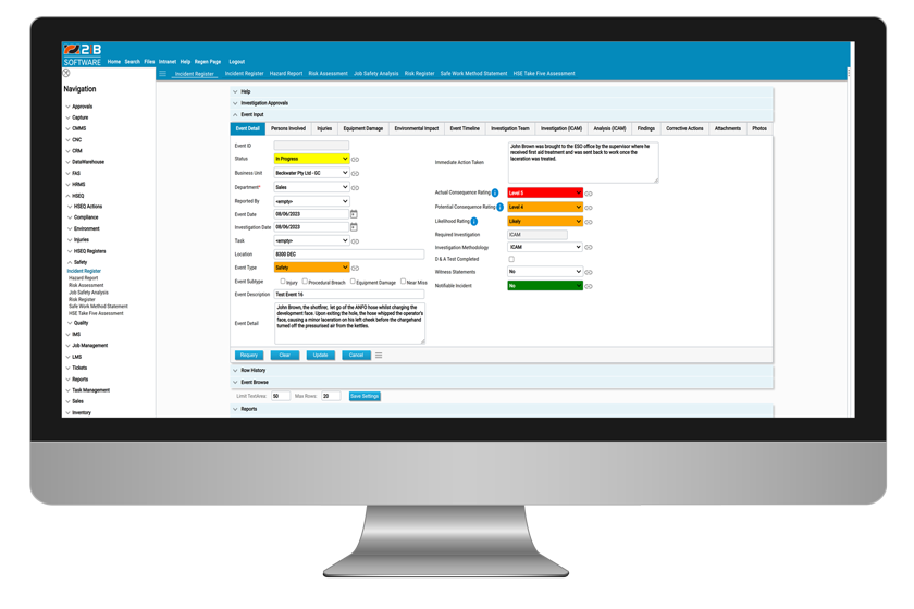 desktop computer displaying 2ib incident investigation management screen